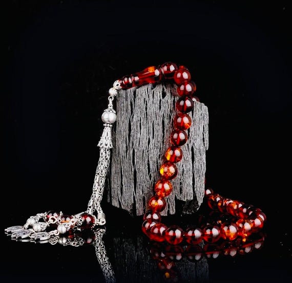 Genuine Amber Misbaha with 925 Sterling Silver Tassel