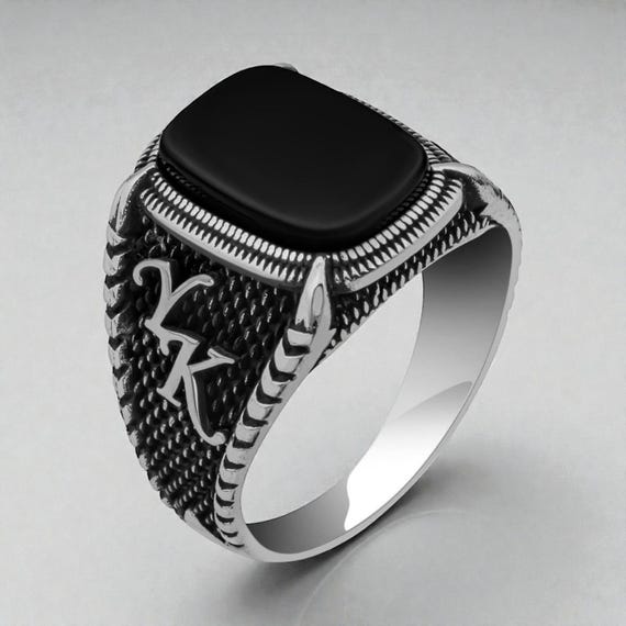 925 Sterling Silver Black Onyx Men’s Ring with Custom Initial
