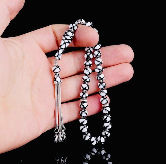 925 Sterling Silver Tasbih – Black White Enamel – 7.5 mm
