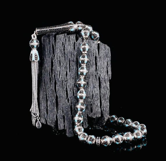925 Sterling Silver Misbaha – Turquoise Enamel & Zircon – 7.6x8.4 mm – 25 cm