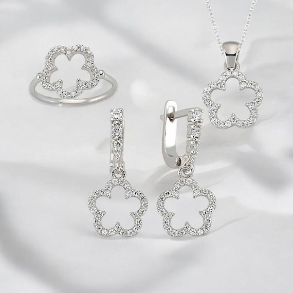 Sterling Silver Flower Jewelry Set for Women | 925 Silver Cubic Zirconia Necklace & Earrings