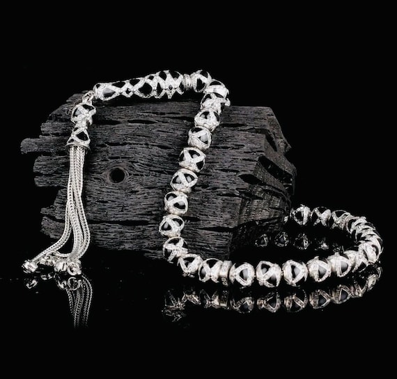 925 Sterling Silver Misbaha – Black Enamel Zircon – 7.5 mm – 24 cm