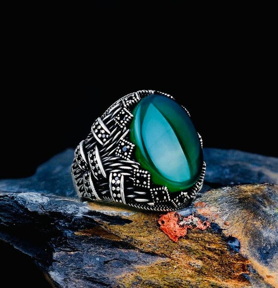 925 Sterling Silver Men’s Ring with Oval Agate Stone