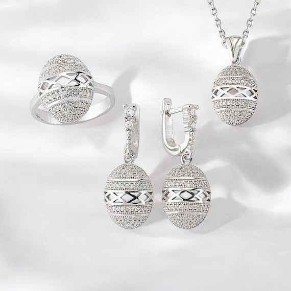Oval Cubic Zirconia Jewelry Set for Women 925 Sterling Silver Rhodium Plated Set