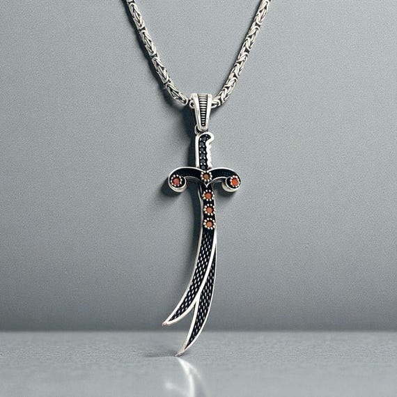 925 Sterling Silver Red Stone Zulfiqar Sword King Chain Necklace