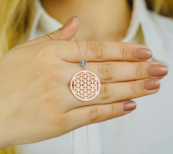 925 Rose Gold Flower of Life Necklace: Sterling Silver Evil Eye Charm