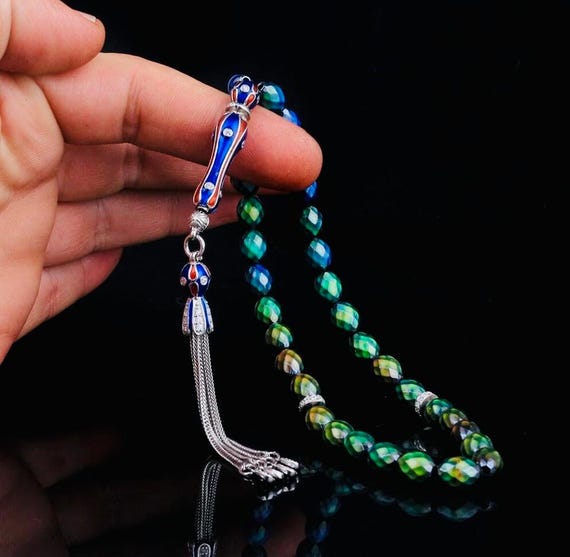 925 Sterling Silver Misbaha – Zircon Inlaid – Color Changing Mood Stone – 7x9 mm – 26 cm