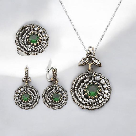 Ethnic Sterling Silver Jewelry Set Oxidized Handmade Women’s Set with Green White Zircon