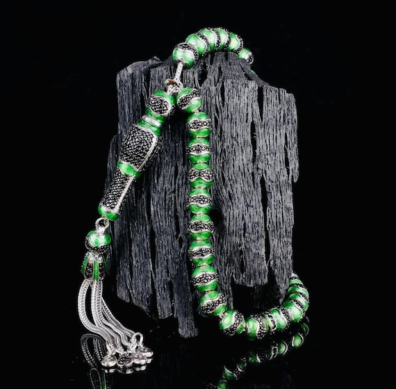 925 Sterling Silver Misbaha – Green Enamel & Zircon – 7.3 mm – 24 cm