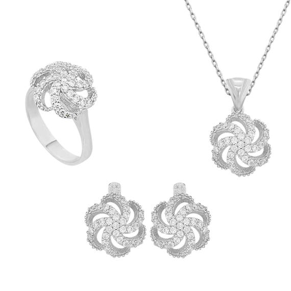 Sterling Silver Floral Jewelry Set for Women 925 Silver Cubic Zirconia Necklace Earrings