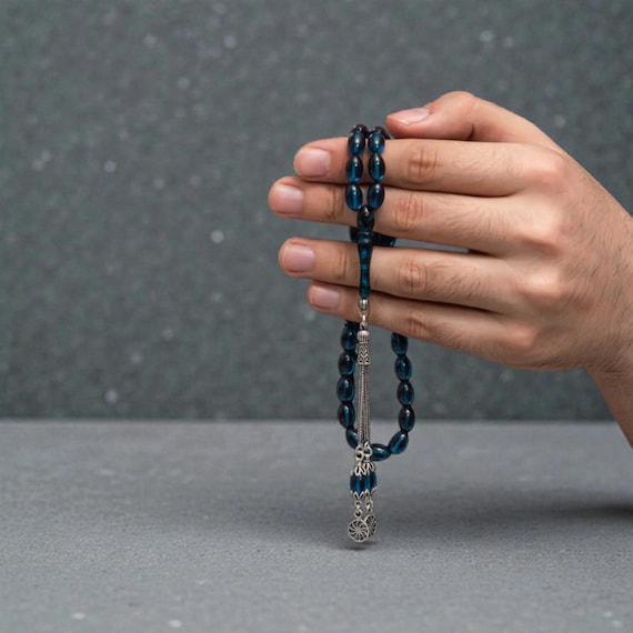 Silver Tassel Pressed Amber Prayer Beads Handmade Islamic Tasbih
