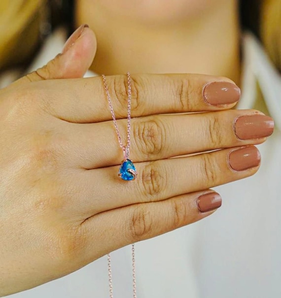 925 Sterling Silver Blue Zircon Teardrop Necklace – Rose Gold Plated