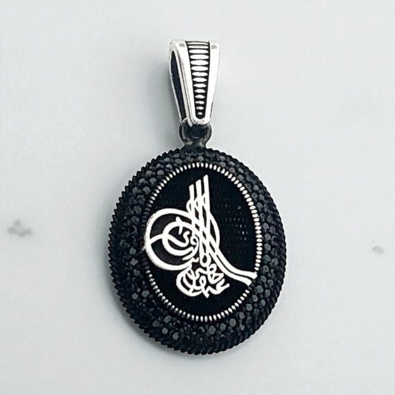 925 Sterling Silver Black Stone Ottoman Tughra Pendant