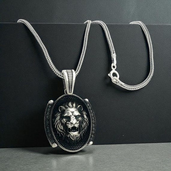 Sterling Silver Lion Pendant Black Stone 925 Men’s Necklace
