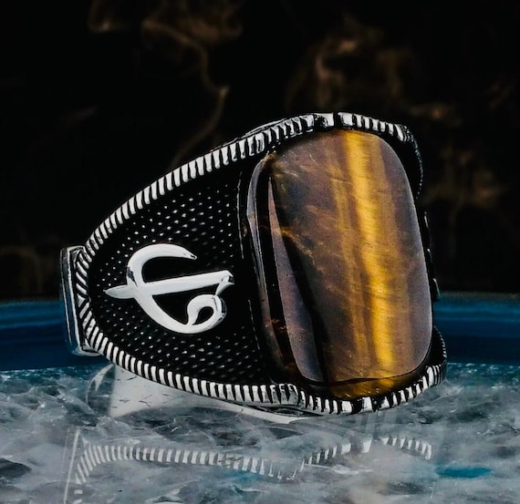 925 Sterling Silver Men's Ring: Tiger Eye Stone, Elif Vav Design