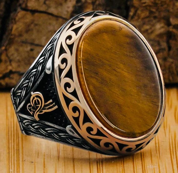 925 Sterling Silver Men’s Ring with Tiger’s Eye and Ottoman Tughra Design