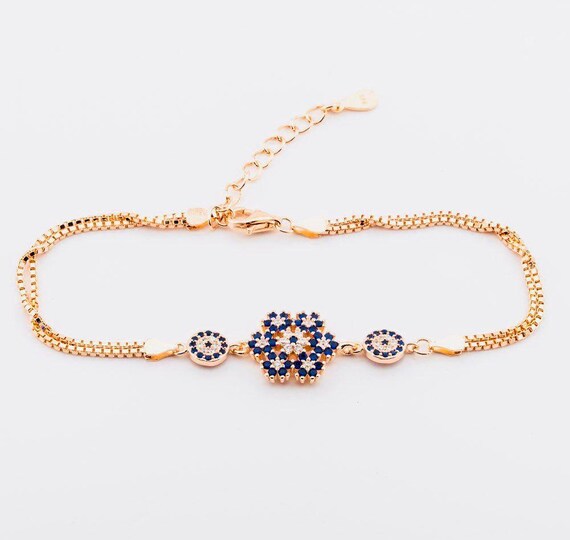 925 Sterling Silver Snowflake Bracelet with Evil Eye and Blue Stone – Rose Gold Plated