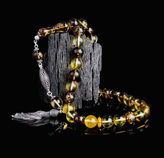 Fossil Amber Misbaha 10.5mm with 925 Sterling Silver Tassel