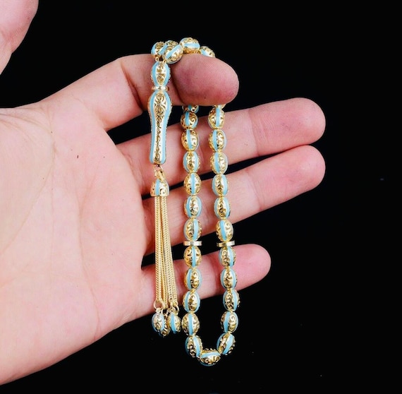 925 Sterling Silver Misbaha – Gold Plated – Turquoise Enamel – Oval Cut – 6.5x8 mm