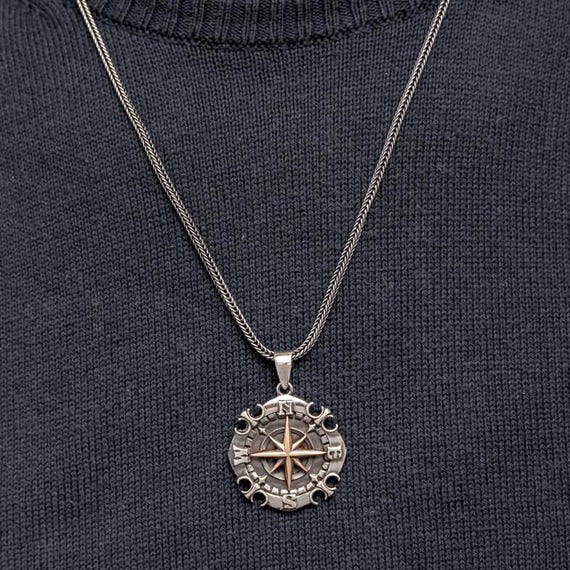 925 Silver Oxidized Compass Men Necklace
