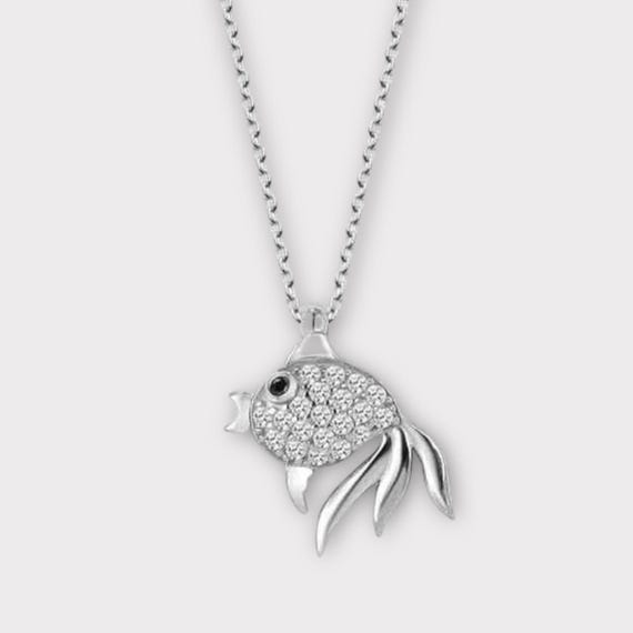 925 Sterling Silver Fish Pendant Necklace  Crystal Stone Fish Jewelry