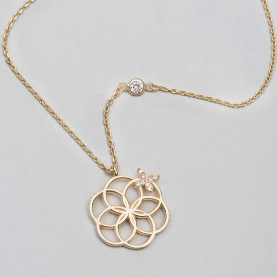 Flower of Life Gold Plated 925 Sterling Silver Necklace with Butterfly Gift for Her