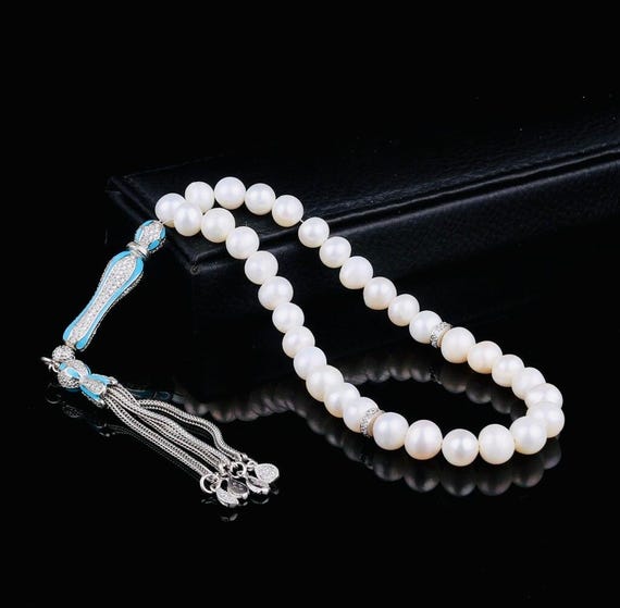 Turquoise Enamel & Zircon Silver Tassel Pearl Misbaha – Wrist Size