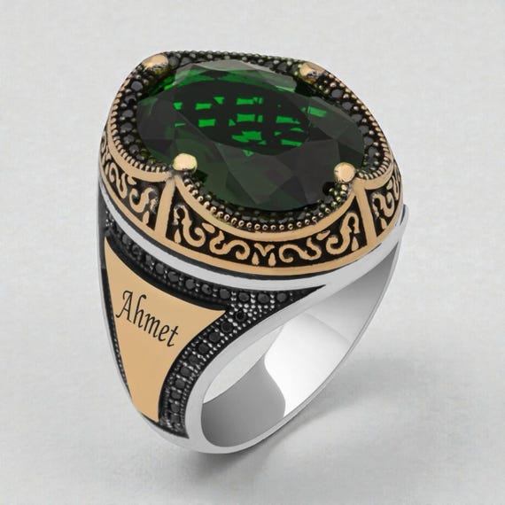 925 Sterling Silver Men’s Ring with Green Stone & Custom Name Engraving