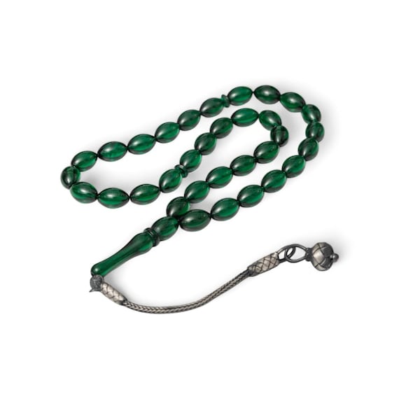 Green Sıkma Kehribar Worry Beads with Sterling Silver Kazaz Tassel | Handmade Islamic Misbaha