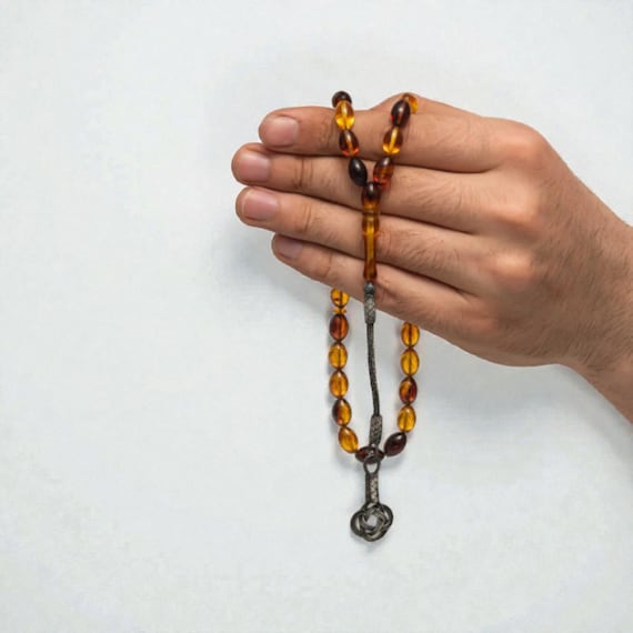 1000 Handmade Pressed Amber Prayer Beads with Silver Tassels