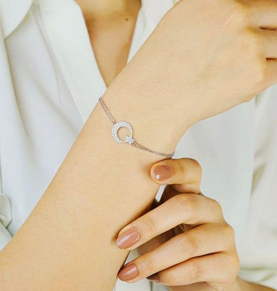 925 Sterling Silver Moon and Star Bracelet with Zircon Stones