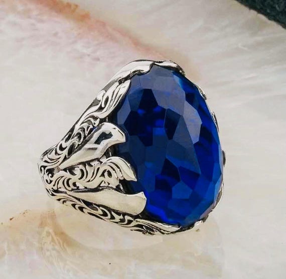 925 Sterling Silver Men’s Ring with Large Blue Zircon Stone