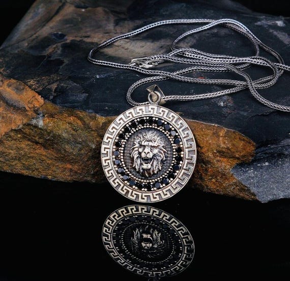 Lion Motif Black Zircon Stone 925 Sterling Silver Men’s Necklace – 60 cm