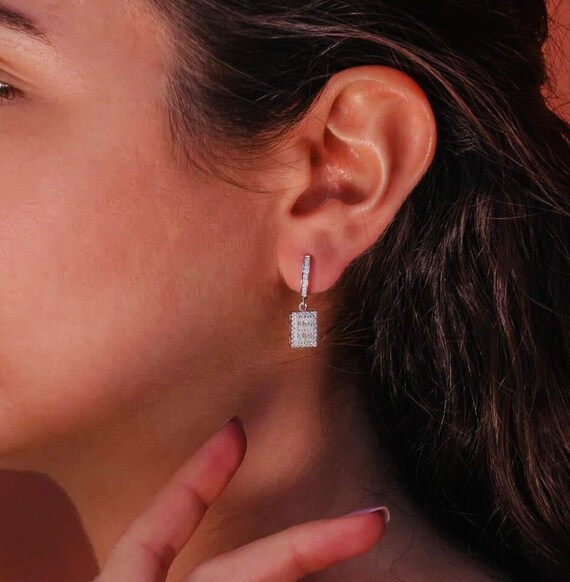 925 Sterling Silver Rectangle Baguette Drop Earrings – Elegant Zircon Design