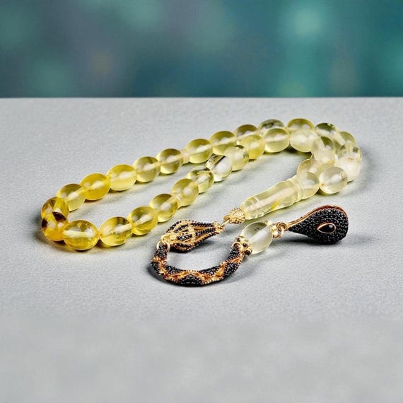 Fossil Amber Misbaha with Black Zircon 925 Silver Tassel