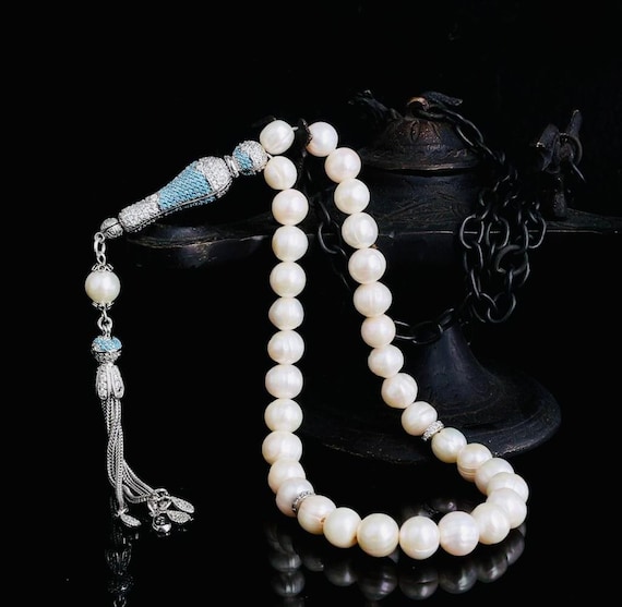 Natural Pearl Tasbih with 925 Sterling Silver & Zircon Tassel – 8.5 mm Prayer Beads
