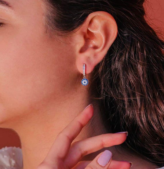 925 Sterling Silver Evil Eye Drop Earrings with Zircon – Rhodium Plated