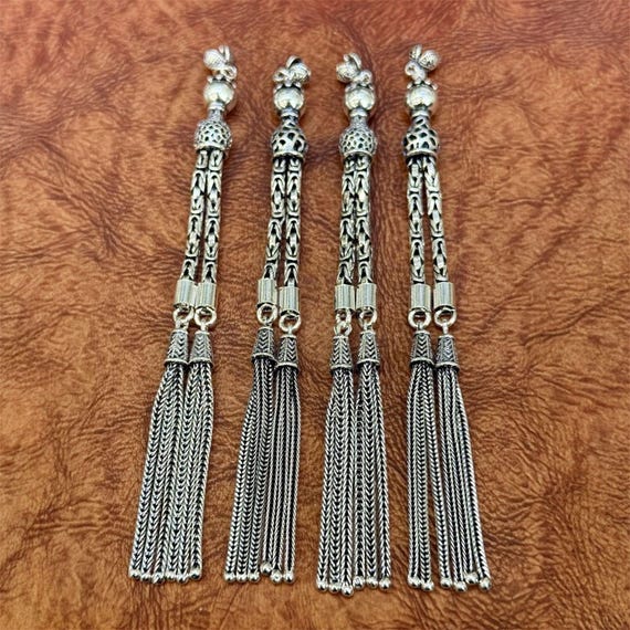 925 Sterling Silver Prayer Beads Tassel – Handmade Chain Tassel with Decorative Details