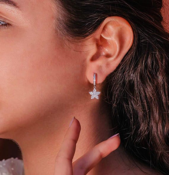 925 Sterling Silver Star Drop Earrings with Zircon – Rhodium Plated