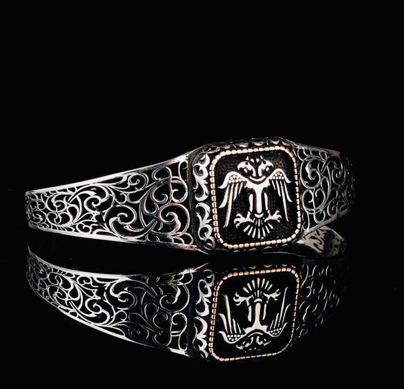 925 Sterling Silver Adjustable Men’s Cuff Bracelet with Double-Headed Seljuk Eagle Design – 36.2 g