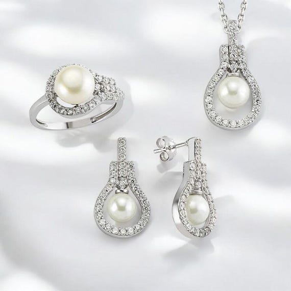 Pearl Drop Jewelry Set for Women 925 Sterling Silver Cubic Zirconia Necklace, Ring Earrings