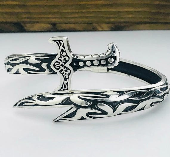 Adjustable 925 Sterling Silver Men’s Cuff Bracelet with Zülfikar Sword Design – 29.15 g