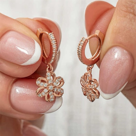 Rose Gold Tone Silver Dangle Flower Earrings for Women 925 Sterling Silver