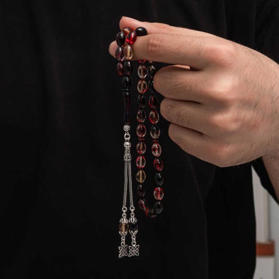 Silver Tassel Pressed Amber Prayer Beads Handmade Tasbih