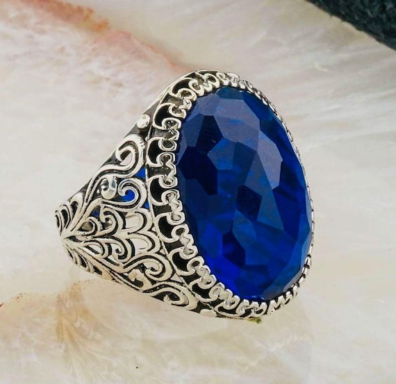 925 Sterling Silver Men’s Ring with Large Oval Blue Zircon Stone