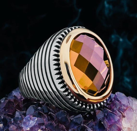 925 Sterling Silver Men’s Ring with Zultanite Stone – Striped Design, 13.7 g