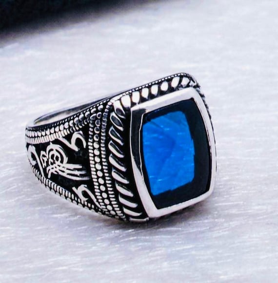 925 Sterling Silver Men’s Ring with Blue Zircon & Ottoman Tughra