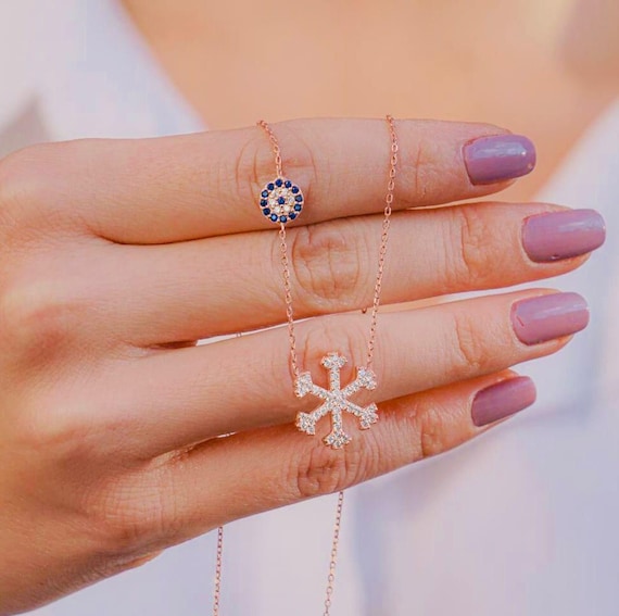 925 Sterling Silver Snowflake and Evil Eye Necklace – Rose Gold Plated