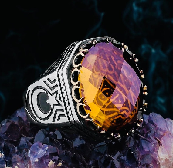 925 Sterling Silver Men’s Ring with Zultanite Stone, Crescent-Star & “La Galibe İllallah” Inscription  18.3g
