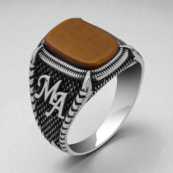 925 Sterling Silver Tiger Eye Men’s Ring with Custom Initial